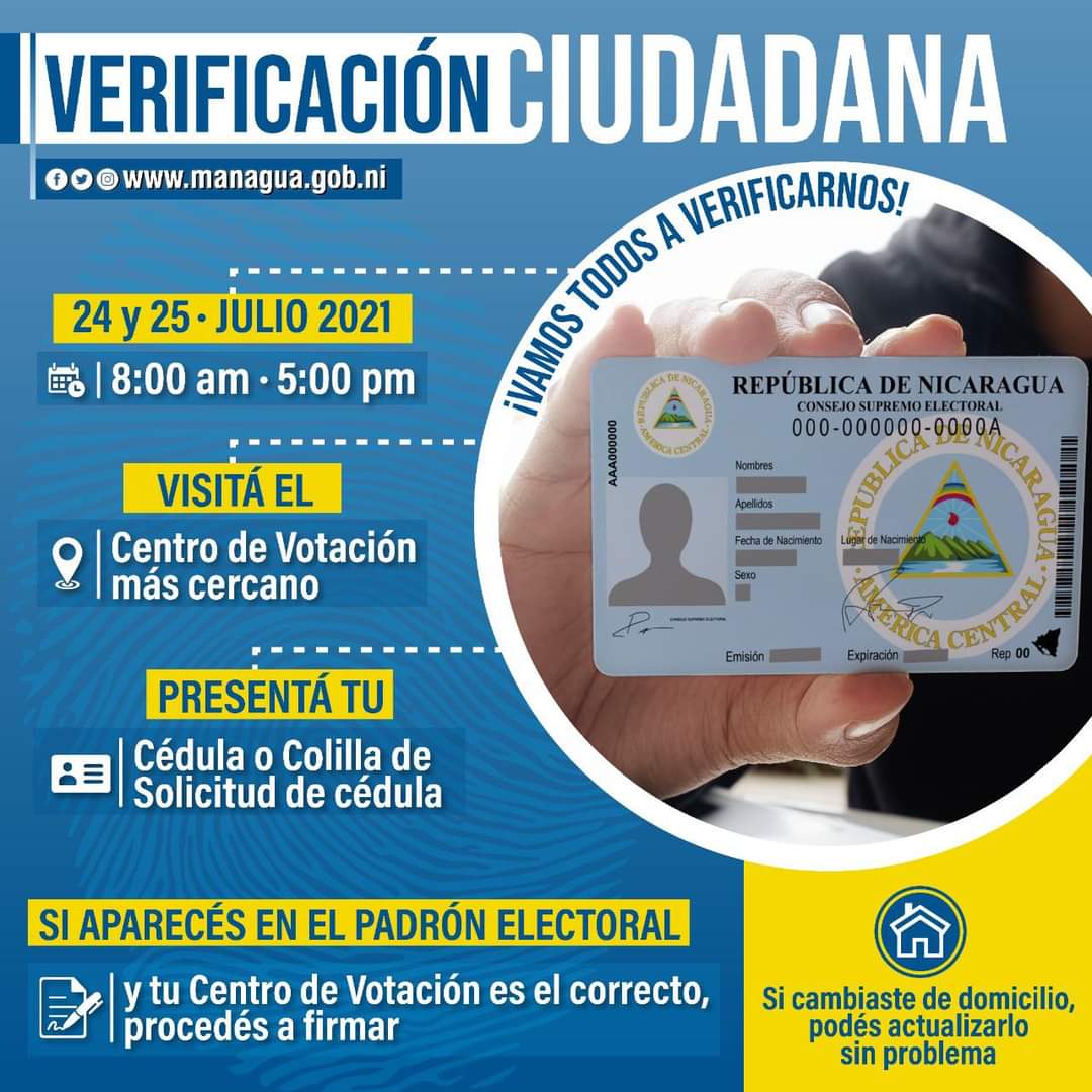 #VERIFICANDONOSGANAMOSTODOS 
Como ciudadana de Nicaragüense me verificare  el 24 y si no puedo lo haré el 25 de julio/21. 
<a href="/OSMO190779/">OSCAR SAN JACINTO</a> 
<a href="/HijosdeSandino/">HijosdelPueblo</a> 
<a href="/FloryCantoX/">Flor y Canto 🇳🇮</a> 
<a href="/ElChatelSandini/">El Chatel 🔴⚫🇳🇮</a> 
<a href="/ElChatelSandini/">El Chatel 🔴⚫🇳🇮</a> 
<a href="/CanDigital2/">Cañón Digital</a> 
<a href="/LaNegraSandinis/">La Negra Sandinista</a> 
<a href="/marenco_obando/">EkaMar #sandinista de corazon #PLOMO19 ❤🖤</a> 
<a href="/ElCuervoNica/">🅴🅻 🅲🆄🅴🆁🆅🅾🇳🇮</a>