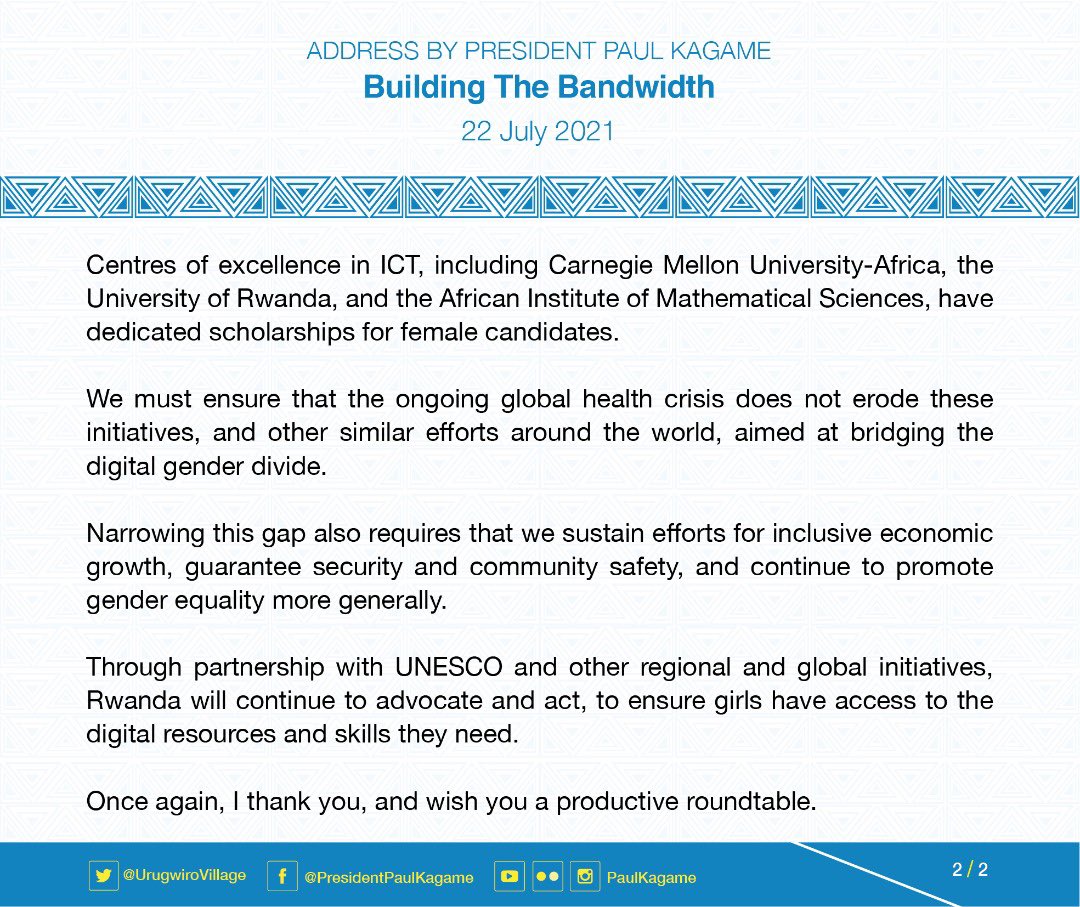 HeritierRW's tweet photo. President @PaulKagame :“The disruption of in-person classes has exposed, more than ever, the gap in digital access, skills and online learning for all children, especially girls.” #BuildingtheBandwidth https://t.co/mDkCiZqQ48