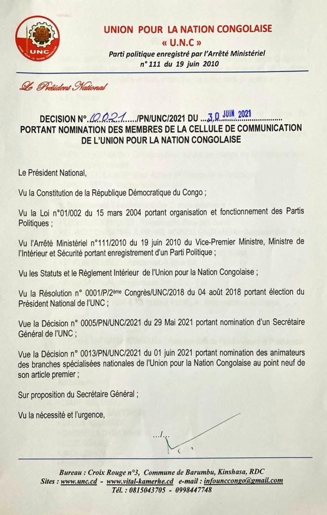 UncDiaspora's tweet photo. 🌍• Trouvez, ci-dessous, la Décision no:0021/PN/UNC/2021 du 30 Juin 2021 portant nomination des membres de la Cellule de Communication de l’@uncrdc :

• Diaspora :

- Responsable de la Communication &amp; communicateurs : Monsieur Hussein @Abeli_Lolengola https://t.co/B3DIF021zw