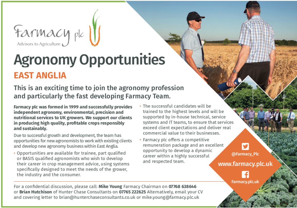 The Farmacy agronomy team in East Anglia is growing fast and this has produced some great new opportunities. If you would like more information please contact Brian Hutchison on 07765222265 or email brian@hunterchaseconsultants.co.uk