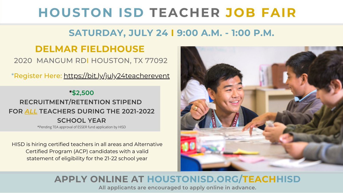 marioduran221's tweet photo. Looking for a teaching position? Westbury HS will be at HISD’s Teacher Job Fair this Saturday at Delmar. Come join us! @WHS_HUSKIES @JerriNixon12 https://t.co/74RHIk4UCN