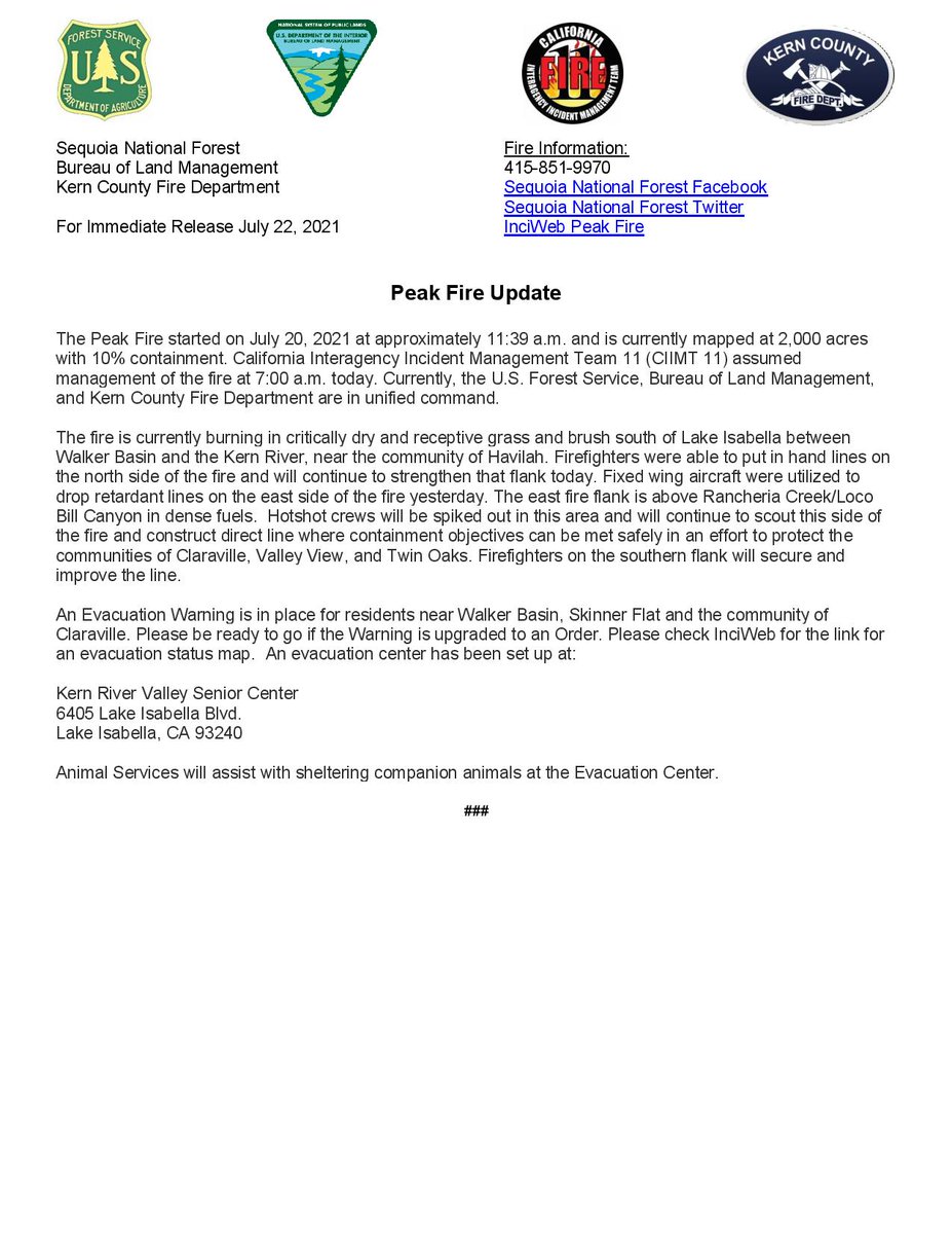 #PeakFire Update: California Interagency Incident Management Team 11 <a href="/ciimt11/">California Interagency IMT 11 PIO</a> assumed management of this fire today. Here is the latest information: