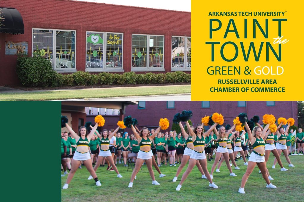Russellville Chamber (@rsvlareachamber) on Twitter photo It's almost time for Paint the Town Green & Gold! The week of August 30 through September 4, local businesses are invited to dress up their business to show their support for <a href="/ArkansasTech/">Arkansas Tech</a>! Then join us September 2 for Party at the Plaza! It's almost time for Paint the Town Green & Gold! The week of August 30 through September 4, local businesses are invited to dress up their business to show their support for <a href="/ArkansasTech/">Arkansas Tech</a>! Then join us September 2 for Party at the Plaza!