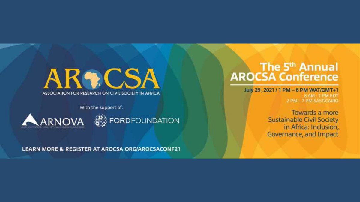 Join us on July 29 at 3pm GMT for the 5th <a href="/ArocsAfrica/">AROCSA</a> Annual Conference. <a href="/godfrey_demba/">Godfrey Demba Diawara</a> from #Tostan will present a research paper on Nature and Implications of Women’s Followership of Civil Society Organizations.

#AROCSA21 #DignityForAll