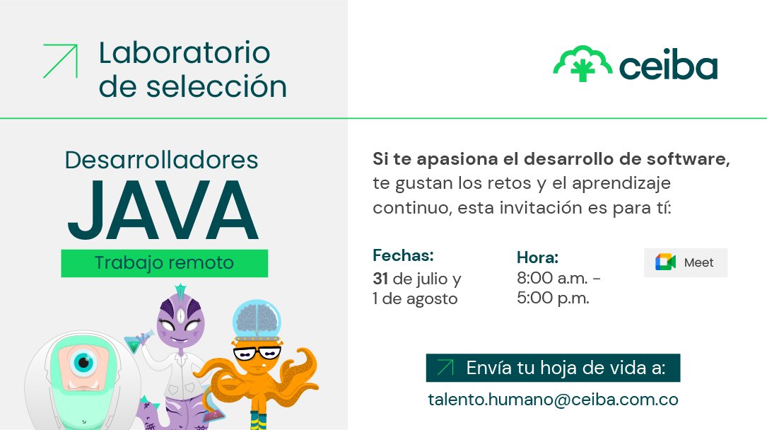 CeibaSoftware's tweet photo. ¿Ya te inscribiste? ¡Buscamos #DesarolladoresJava para trabajar remoto con la #FamiliaCeiba!
El 31 de julio y 1 de agosto tendremos nuestro 3er Laboratorio de Selección Virtual de 8 a.m. a 5 p.m.
Envía tu hoja de vida a: talento.humano@ceiba.com.co
#Java #TrabajoSiHay #TI #Dev https://t.co/uGM5lIilC8