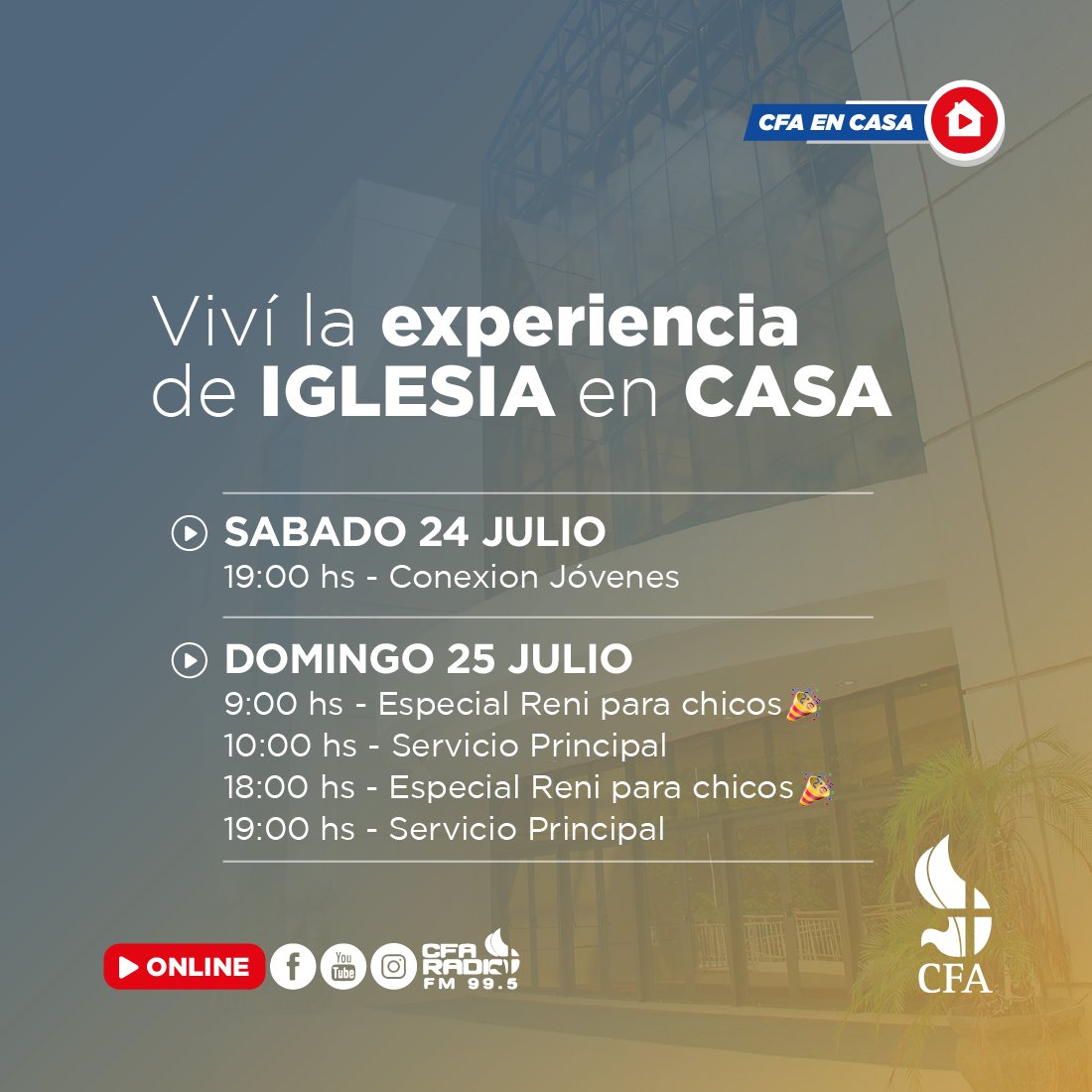 IglesiaCFA's tweet photo. ๐๐กPrepรกrate para un #FindeSemana disfrutando en la presencia del Seรฑor.
ยกRecordรก compartir el link con un amigo!
โก๏ธ https://t.co/1YMzUfpqVY
#CongregateOnline #ServicioPresencial #IglesiaCFA #CFAenCasa https://t.co/atJHTpVPuU