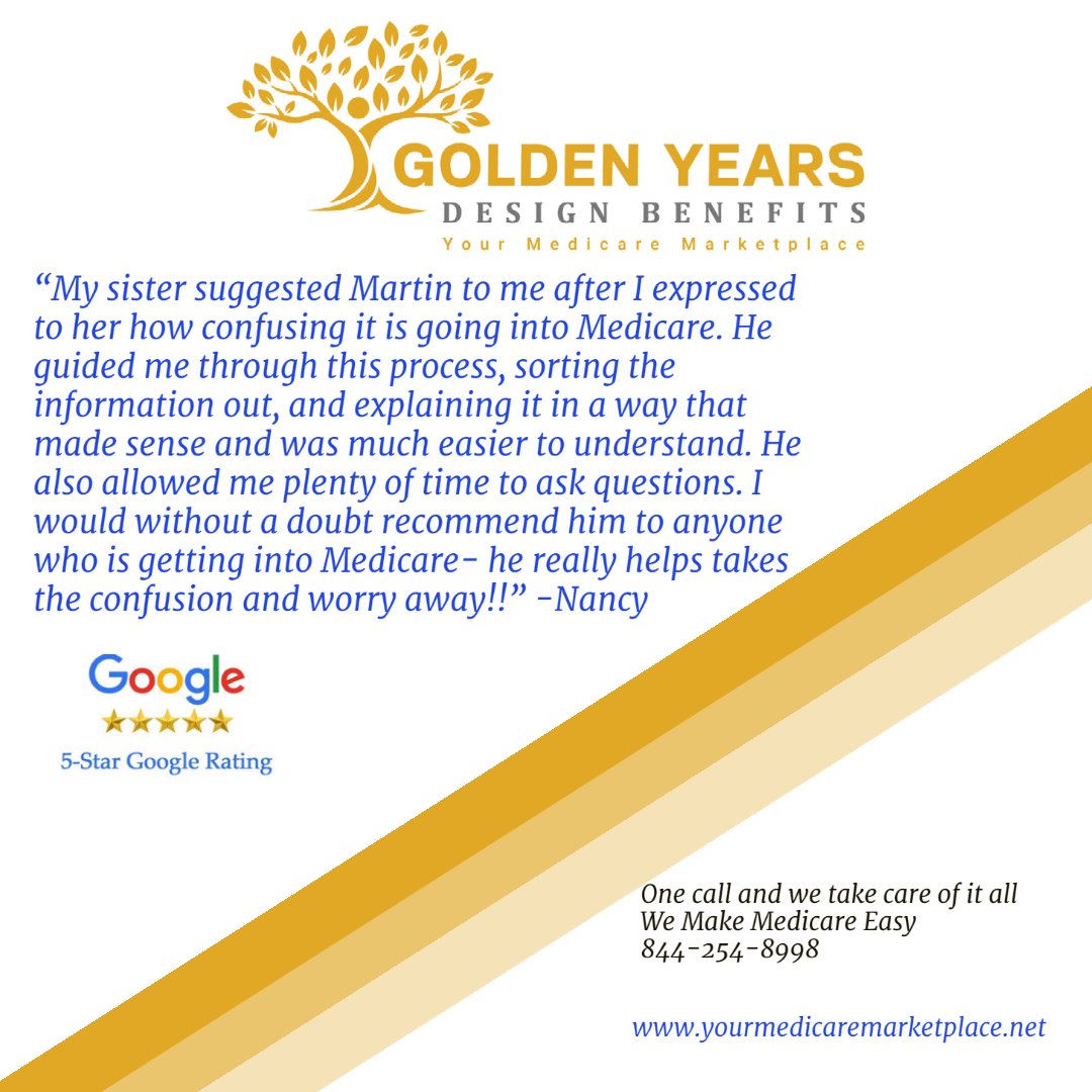 GoldenYrsDesign's tweet photo. ⭐️⭐️⭐️⭐️⭐️
Get to know us through our 5 star reviews!
We know how confusing Medicare can be. We have been simplifying the process for seniors for 30 years!

📲844-254-8998
#medicare #medicaresupplement #medicarepartd #originalmedicare #medicareadvantage #medicareprofessional #nj https://t.co/0K4GEYsudL