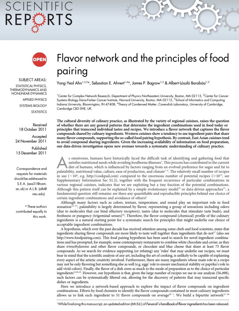 emollick's tweet photo. An analysis of 57,000 recipes finds the flavor pairings that go well together.

🧄 is at the center of everything.

Also cool: “Western cuisines…use ingredient pairs that share many flavor compounds... By contrast, East Asian cuisines tend to avoid compound sharing ingredients.” https://t.co/YqMajhvL3w