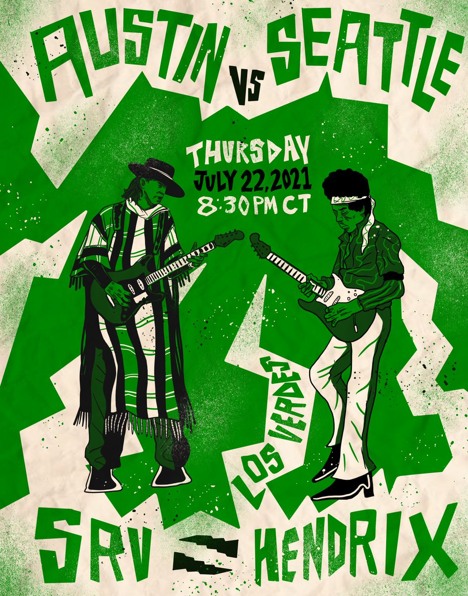 LosVerdesATX's tweet photo. Its match day. 
Austin vs. Seattle.
SRV vs. Hendrix 🎸🔥

Art by @Organized_K and a limited number of prints by @jonathanrebo 

https://t.co/oUKNd9nWJ4 https://t.co/1jl1ftD98l