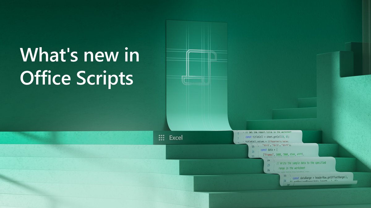 Text reads, "What's new in Office Scripts." Animated scroll of code going down stairs in a dark, green-lit room
