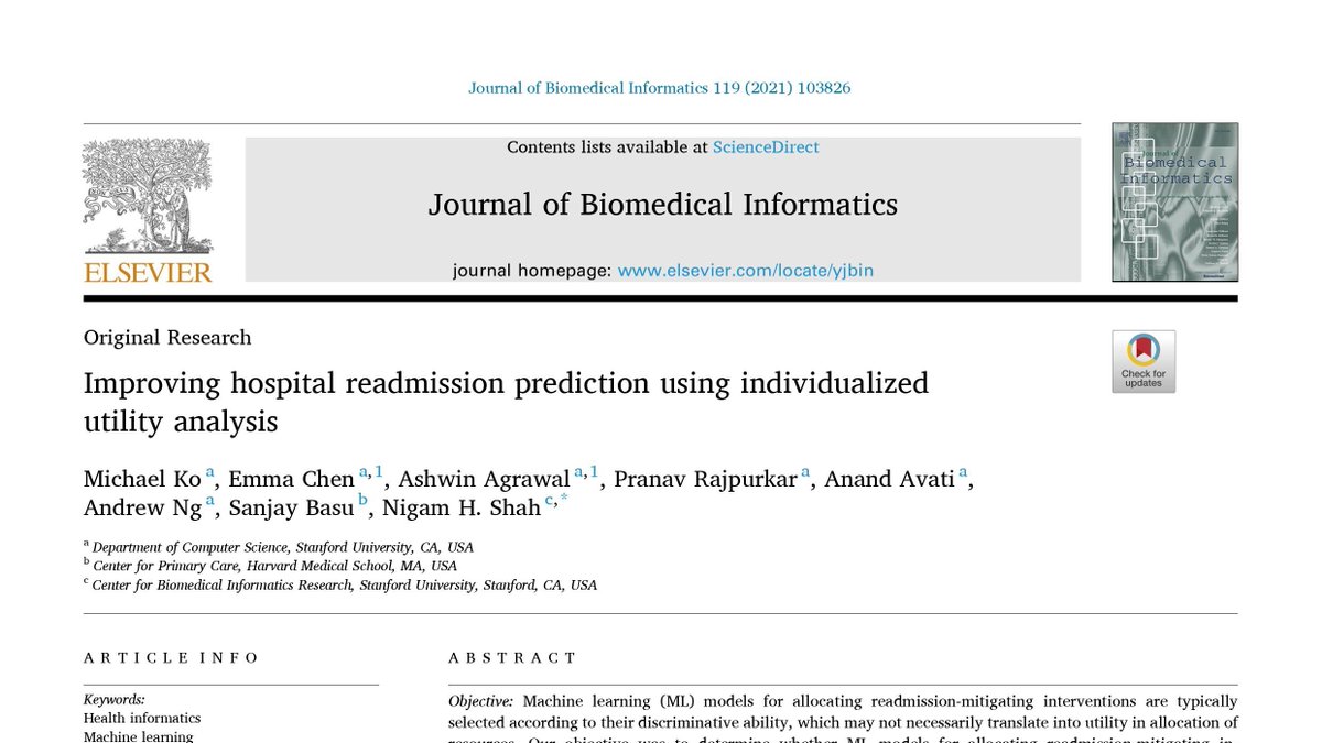 Pranav Rajpurkar (@pranavrajpurkar) on Twitter photo Do ML models with better AUC performance necessarily have higher utility?🤔
Our new paper assesses utility of ML models for allocating interventions to avoid unplanned readmissions.
Led by <a href="/mlko53/">Michael Ko</a> & <a href="/emma_ychen/">Emma Chen</a> <a href="/ashwinagrawal15/">Ashwin Agrawal</a> w/ <a href="/drnigam/">Nigam Shah</a> et al.
1/n
sciencedirect.com/science/articl… Do ML models with better AUC performance necessarily have higher utility?🤔
Our new paper assesses utility of ML models for allocating interventions to avoid unplanned readmissions.
Led by <a href="/mlko53/">Michael Ko</a> & <a href="/emma_ychen/">Emma Chen</a> <a href="/ashwinagrawal15/">Ashwin Agrawal</a> w/ <a href="/drnigam/">Nigam Shah</a> et al.
1/n
sciencedirect.com/science/articl…