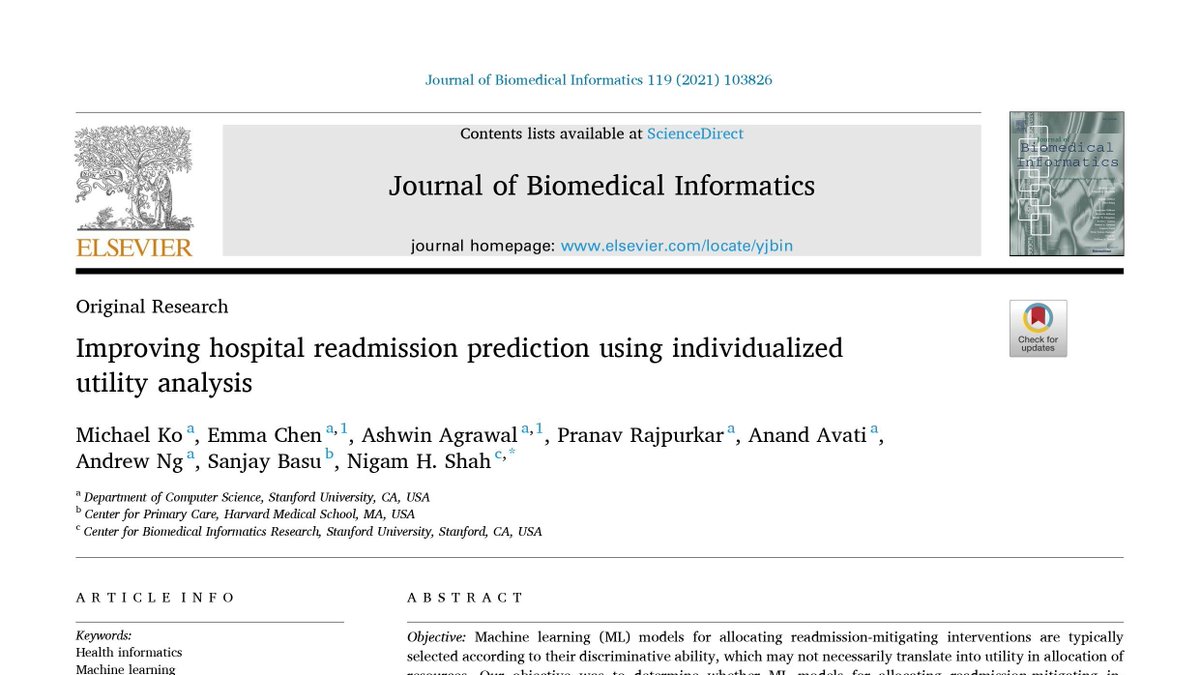 Do ML models with better AUC performance necessarily have higher utility?🤔 Our new paper assesses utility of ML models for allocating interventions to avoid unplanned readmissions. Led by @mlko53 & @emma_ychen @ashwinagrawal15 w/ @drnigam et al. 1/n sciencedirect.com/science/articl…