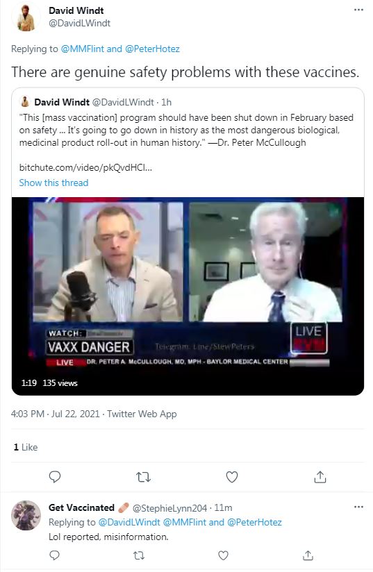 DavidLWindt's tweet image. My reply to @MMFlint about vaccine safety has been shadowbanned, as far as I can tell, apparently based on one person reporting it as "misinformation". That was fast and effective!

#ThisIsNotScience #HerdMentality #Censorship #InvertedTotalitarianism