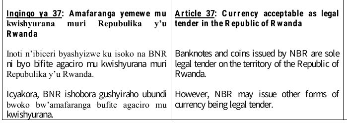 TalkLawRw's tweet photo. @Xavi_Jp_Legacy @YzallineU @Moses_b1
#CRYPTOCURRENCY
*#INOTI n’#IBICERI byashyizwe ku isoko na #BNR ni byo bifite #AGACIRO mu kwishyurana muri Repubulika y’u #RWANDA
*Icyakora, BNR ishobora gushyiraho ubundi bwoko bw’#AMAFARANGA bufite agaciro mu kwishyurana. https://t.co/mMPSmUqEBT