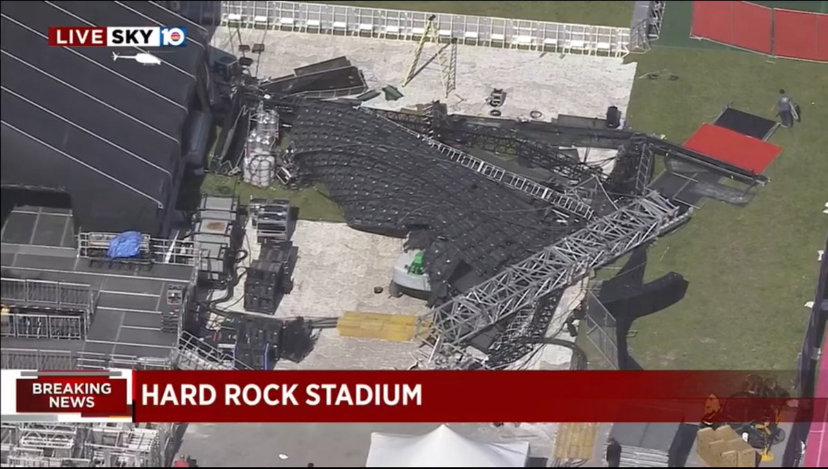 Breaking: Part of a stage at the #RollingLoud Festival has collapsed- one day before tens of thousands of people were expected to attend the 3 day, sold-out event <a href="/HardRockStadium/">Hard Rock Stadium</a>. It’s unclear how the incident will affect the planned performances. #news #MiamiRollingLoud