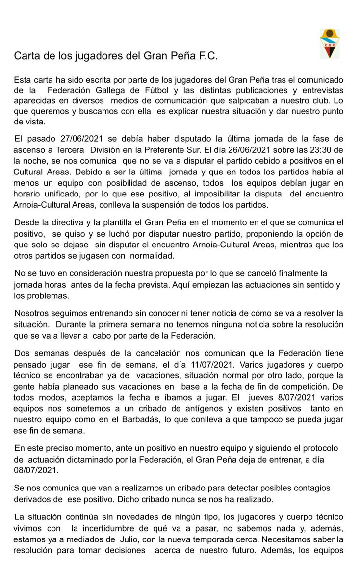Andres_Alvrz1's tweet photo. Comunicado oficial de la plantilla del Gran Peña para aclarar nuestra situación. @Farodevigo @lavozdegalicia @EnXogo_tvG2 @TVGalicia https://t.co/CGqTRn1Fna