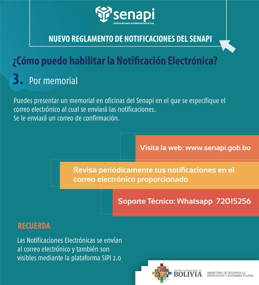 SenapiBol's tweet photo. #Notificaciones 📩| El @SenapiBol hace conocer la incorporación de las Notificaciones Electrónicas en su nuevo Reglamento. 
¡Conoce cómo habilitarlas! 📬
Soporte Técnico disponible en Whatsapp 72015256. 
#VamosASalirAdelante
#ProtegeTuCreación https://t.co/SpVNewmuQa