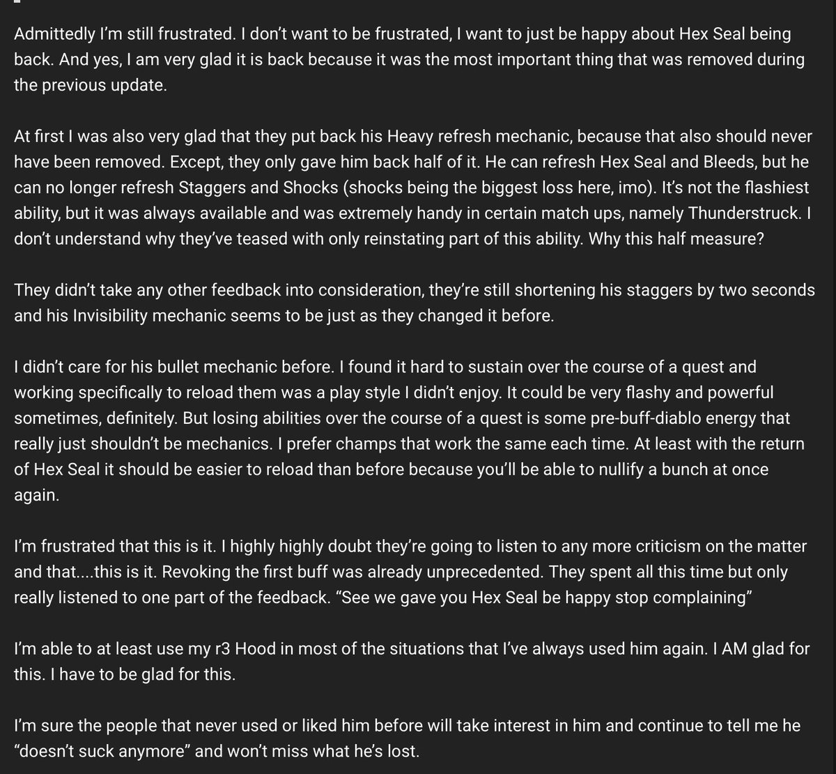 CatMurdock_Art's tweet photo. They gave us back Hex Seal. But they had five months and seemingly ignored everything else frequent Hood-users were saying.

Happy to be able to nullify again, for sure 100%. Yay damage cool. Disappointed in the continuing lack of consideration in other aspects.

I’m tired. https://t.co/WrMZzbor6p