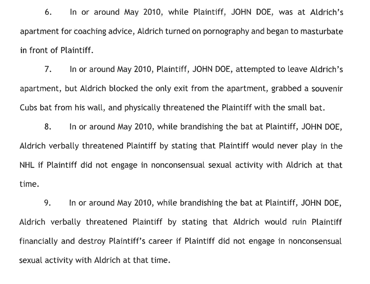 BenPopeCST's tweet photo. BREAKING: A new, amended version of the John Doe 1 lawsuit against the Blackhawks provides significant new details about Bradley Aldrich's alleged 2010 assault of the Hawks player. 

Aldrich allegedly threatened the player with a baseball bat before forcing nonconsensual sex: https://t.co/uC9G5odpgb