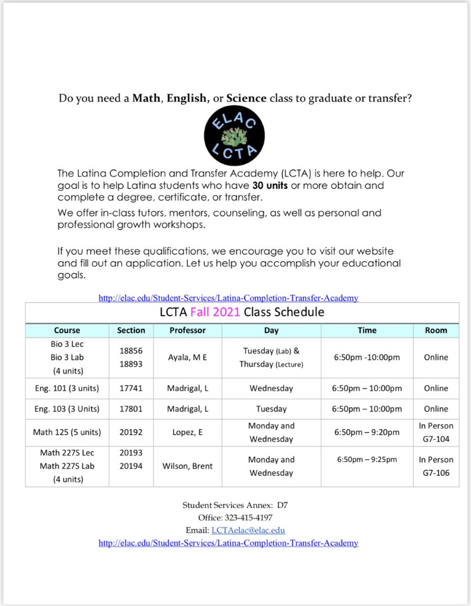 Elaccompletion's tweet photo. Check out the courses being offered by Latina Completion and Transfer Academy this Fall 2021! https://t.co/81fOmbWQlw