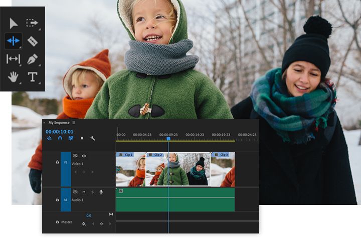 A photograph of three children buddled up in winter clothes and walking through the snow. In the foreground, we see a shot of Premiere Pro editing tools.