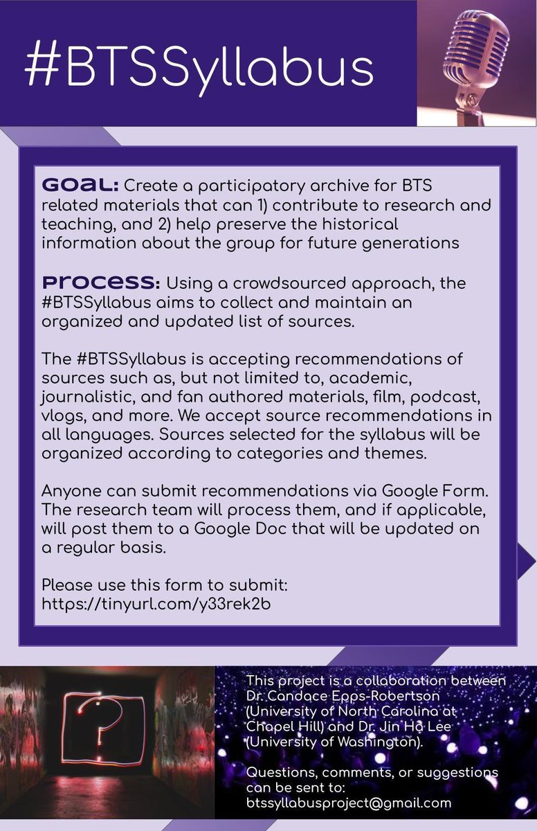 bts_syllabus's tweet photo. Have you come across something about @BTS_twt
that you think should be on the #BTSSyllabus? We welcome a range of sources and all languages!
Consider making a recommendation, and let's continue to build this resource! ๐๐๐ฝ https://t.co/uTZ8KTg1bg
#BTS
#BTSARMY https://t.co/j98s7TRltJ