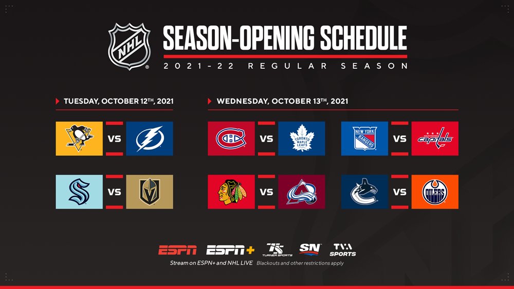 NHL Public Relations on X: The 2021-22 @NHL season will open on Oct. 12th with the @TBLightning raising their #StanleyCup banner followed by the debut of the @SeattleKraken in Vegas. Day 2