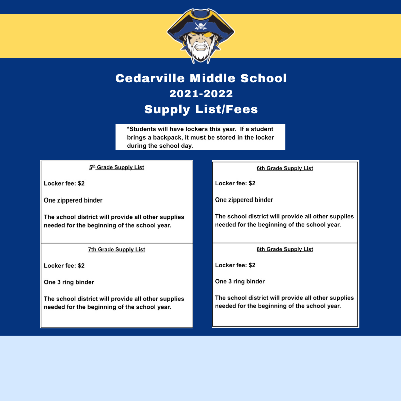 CMS_Pirates's tweet photo. Cedarville Middle School Supply List/Fees https://t.co/njiYR4VSOG https://t.co/YYN9Yrx6s0