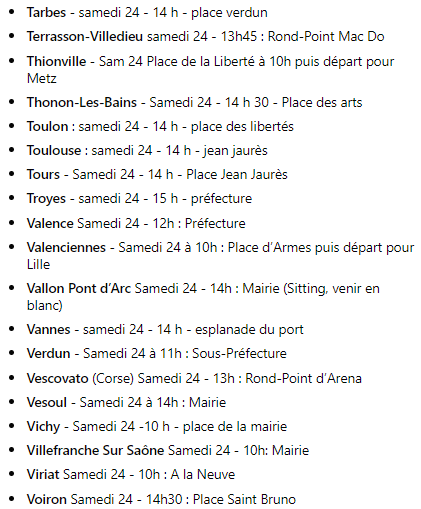AnonymeCitoyen's tweet photo. 🔴 Liste (non exhaustive) des très nombreuses manifestations attendues ce samedi dans toute la France contre la généralisation du #PasseSanitaire et le projet de loi Sanitaire du gouvernement.

#Manif24Juillet #PassDeLaHonte #AssembleeNationale #NonAuPasseportSanitaire https://t.co/p8Mnjuybnk