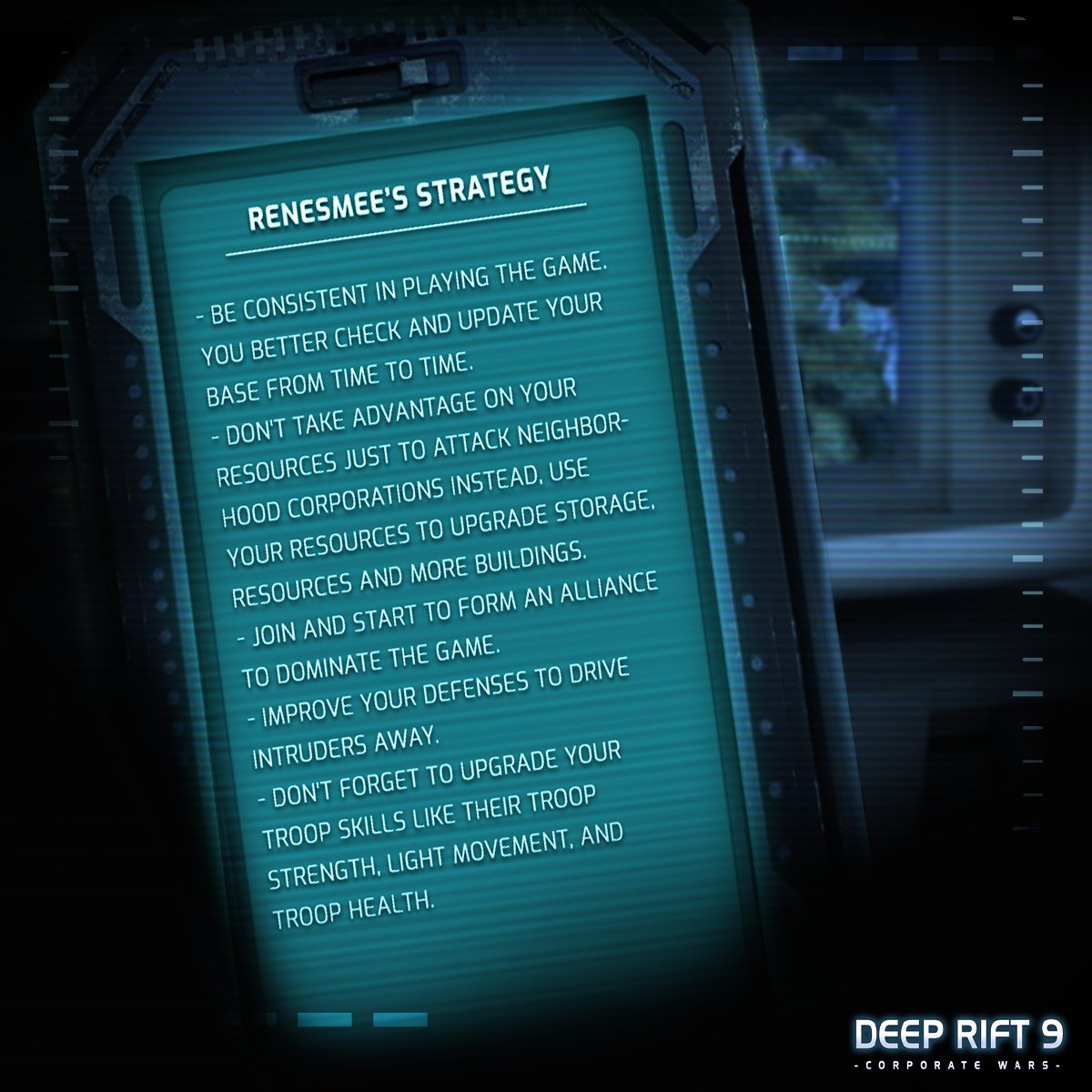 Deeprift_9's tweet photo. Be consistent and strengthen your bases, Commanders! Here are some tips by Renesmee to continuously grow your corporations! 

Interact with other Commanders and share tips &amp; strategies here: https://t.co/1pznKzrqsc

#DeepRift9 #RTS #MMORTS #PC #Gaming #Indie #Strategy https://t.co/a55axrOTUR