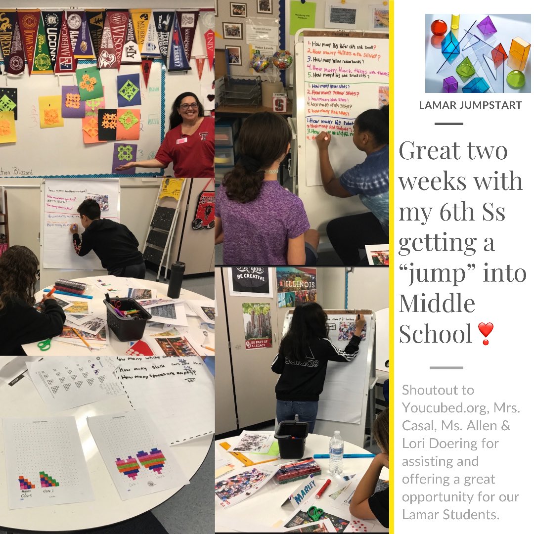 TXMontano's tweet photo. Wrapped up week ✌🏼 off our MS Jumpstart program. I was privileged to teach 6th math Ss @LoriDoering found a stellar program @youcubed Our students had a growth mindset &amp; were excited to be @LamarMS everyday! #lewisvilleisd #lisdlearns #youcubed #lifelongmathlearners #LMSTogether https://t.co/TF3rpH1HL8