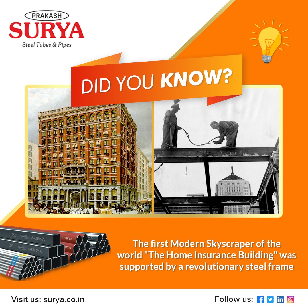 SuryaPipes's tweet photo. The Home Insurance Building was the first skyscraper that stood in Chicago from 1885 to 1931. It was supported both inside and outside by a fireproof structural steel and metal frame.

Visit us at- https://t.co/rZKK4gHQIy

#prakashsuryapipes #steelfacts #homeinsurancebuilding https://t.co/2EaOrTEma4