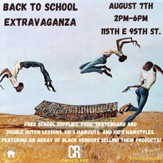 Bring the city out for the end of the summer back to school extravaganza! Come out August 7th, 2pm-6pm for free school supplies, kids haircuts, hairstyles, and more! 115 E 95th St.