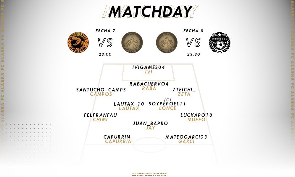 🗒| #MATCHDAY 

Luego del traspié por Copa Argentina, hoy buscaremos cosechar los 6 puntos de Liga en una nueva fecha. 

23:00 hs 🆚 @COMERCIANTEScf 
23:30 hs 🆚 <a href="/FcIsidore/">Isidore FC⭐⭐⭐⭐🌟</a> 

#ElReyDelNorte ❄️