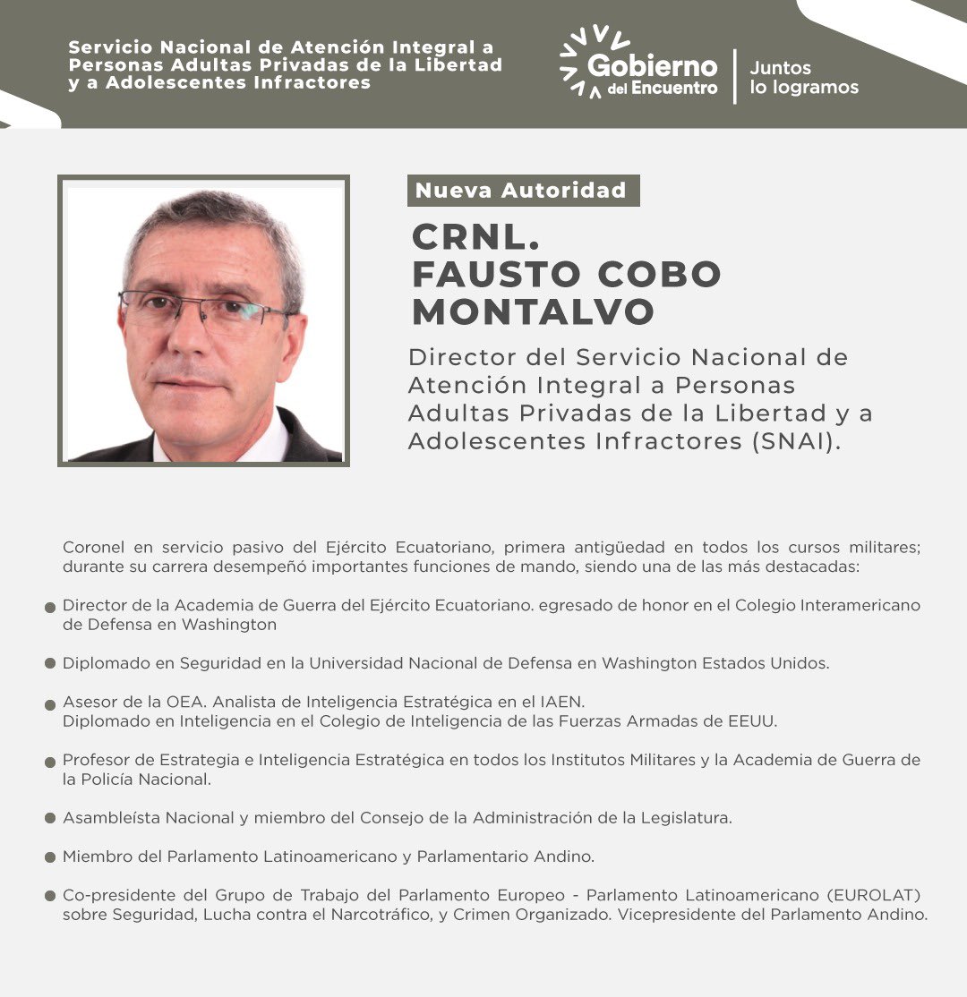 LassoGuillermo's tweet image. El Coronel Fausto Cobo asumirá la dirección de @SNAI_Ec. Cuenta con todo nuestro apoyo para usar el poder de la ley e imponer el Estado de Derecho, garantizando la paz y los derechos humanos en los CPL.

¡LAS MAFIAS SERÁN DERROTADAS!