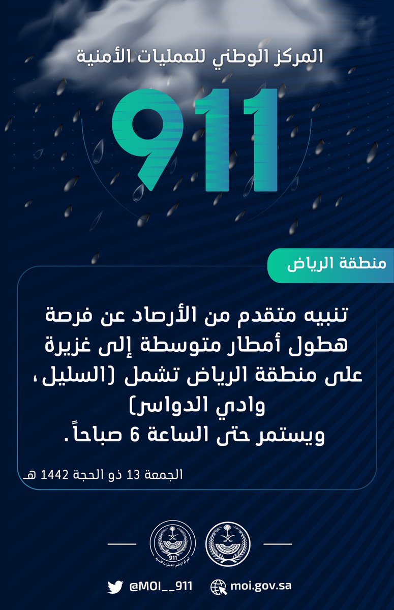 MOI__911's tweet photo. تنبيه متقدم من الأرصاد عن فرصة هطول أمطار متوسطة إلى غزيرة على أجزاء من منطقة ⁧#الرياض تشمل( السليل، وادي الدواسر)⁩ ويستمر حتى الساعة 6 صباحاً.
⁧#وزارة_الداخلية⁩
⁧#المركز_الوطني_للعمليات_الأمنية
#٩١١_في_الرياض https://t.co/3fA3hIbT3w