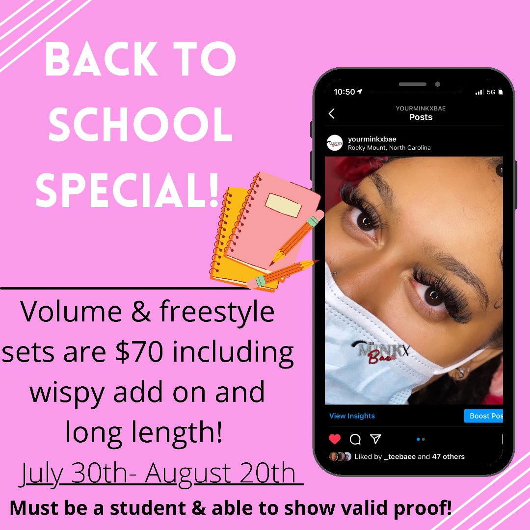 vibewithcatt's tweet photo. Back2School Special for all the baddies going back to school!💕📚

Dates will be extended to my ladies in the 336!! #336lashes #252lashes #rockymountlashes
#winstonsalemlashes #winston #hbculashes #winstonlashes #wssu24 #wssu #uncg #ncatlashes  #roanokerapidslashes
#roanokerapids https://t.co/3DzA5VRzfN