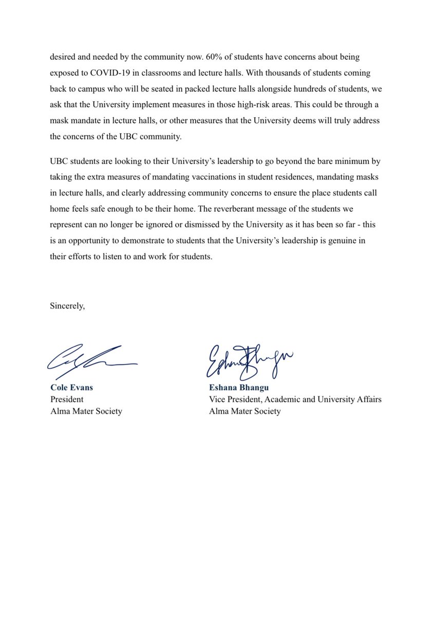 eshanabhangu's tweet photo. A letter from the Alma Mater Society to @UBC on the return to campus. Does the university simply not care about what students are saying? Or is UBC just incapable of showing the kind of exemplary leadership that they’ve shown in the past &amp; is needed now? https://t.co/V9sCYshN6c