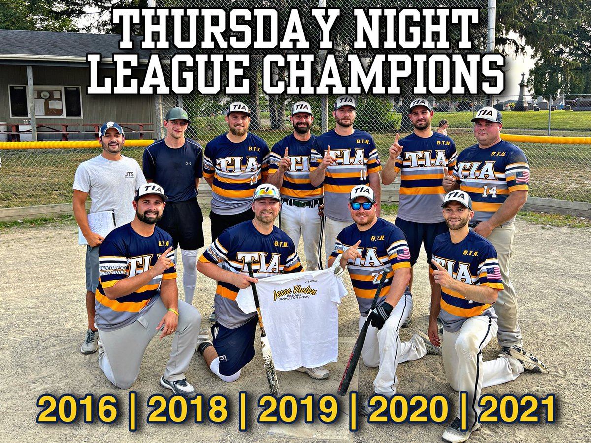 TIA_Softball's tweet photo. Westphalia Thursday Night League Champions! Thanks to our sponsors Trierweiler Insurance Agency, Beaufore’s Barbershop, and @JT5Media. https://t.co/XLtPEtGFW5