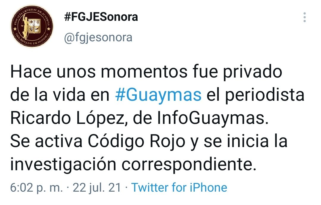 Confirma <a href="/fgjesonora/">Fiscalía de Sonora</a>, el fallecimiento de Ricardo Domínguez López, periodista y director de la página informativa, INFOGUAYMAS, acribillado en el estacionamiento de Ley Marsella.

Ricardo, era originario de Cd. Obregón, y justamente, hoy, cumplía 47 años. #QEPD

#NoticiasTelemax