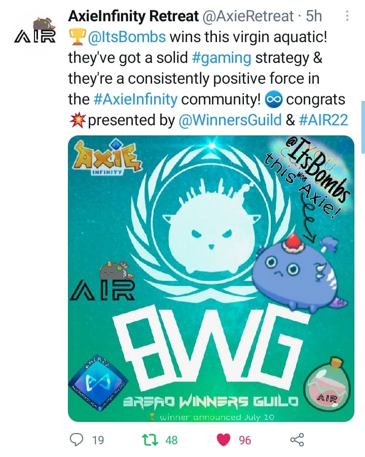 bread__winners's tweet photo. Guess what? We already have a WINNER for the Virgin Aquatic  Axie! The WINNER is no other than @ItsBombs ! CONGRATULATIONS! 
@AxieRetreat @AxieInfinity #AIR22 #AxieInfinity #AxieGiveaway https://t.co/qWjqoJ3vQM