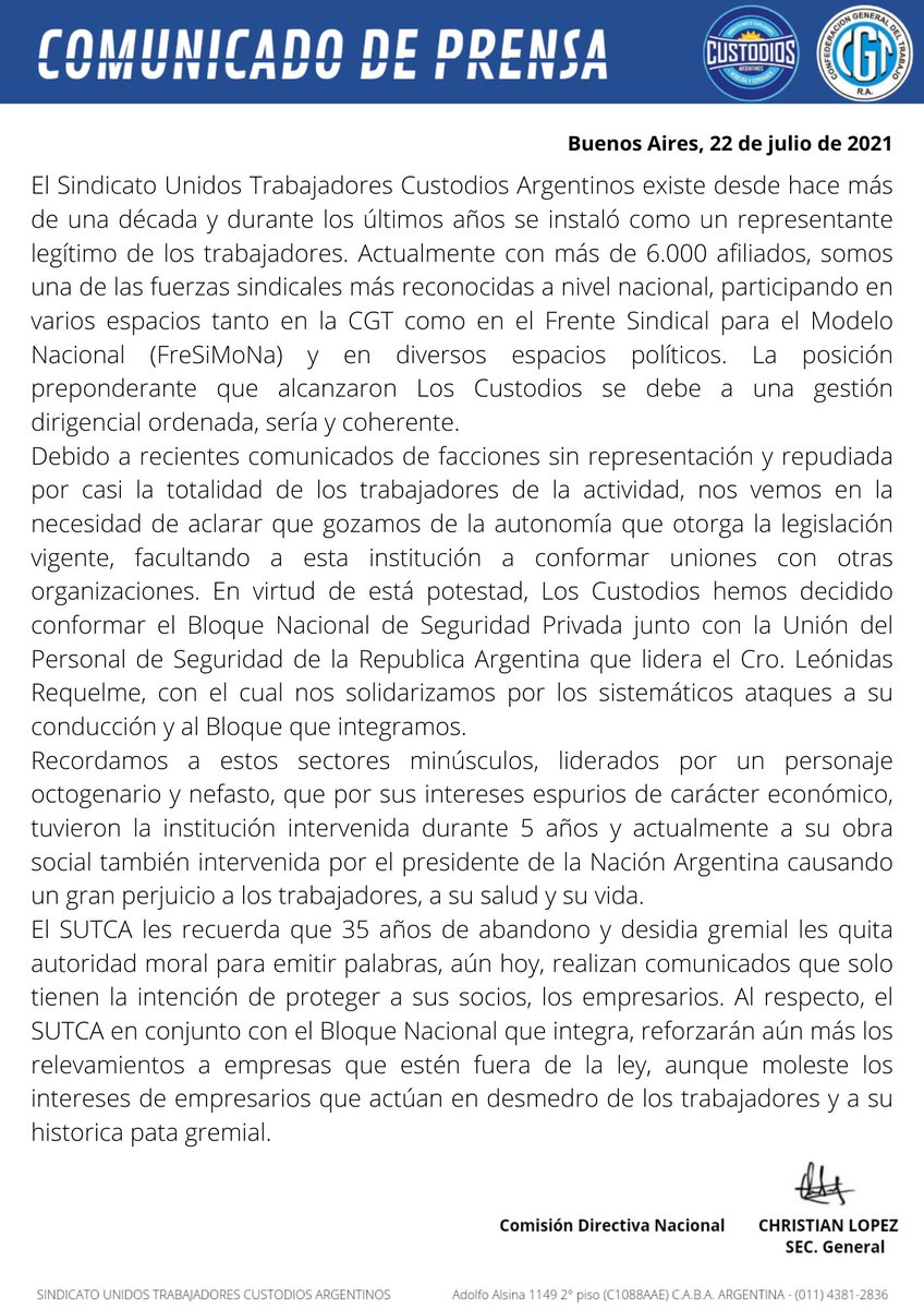 CustodiosSutca's tweet image. 📌 #ComunicadoOficial de #LosCustodios🇦🇷
#SUTCA✊
#ChristianLopezConduccion✌️
