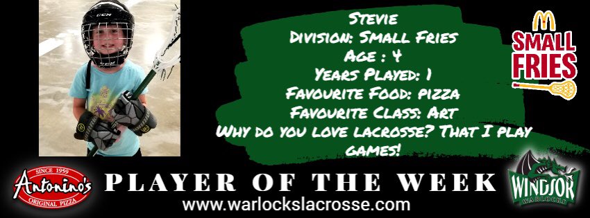 Our first player of the week is Stevie from our Small Fries division! Great job out there!

Stop by the registration desk next week for a gift from Antonino's Original Pizza! 

#PlayerOfTheWeek #SmallFriesLax #lacrosse
