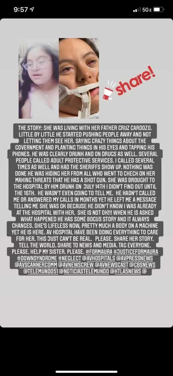 JadoreSofiaa's tweet photo. #formaura @avpressnews @avhospital @KTLA @KTLAMorningNews @abcnews @UnivisionNews @NBCNews @LesterHoltNBC @DianeSawyer @katiecouric  please take a look at this horrendous event we would like to shed light on so we can get justice for Maura !!!!! #Downsyndromeawareness https://t.co/IvkcHn3iPz
