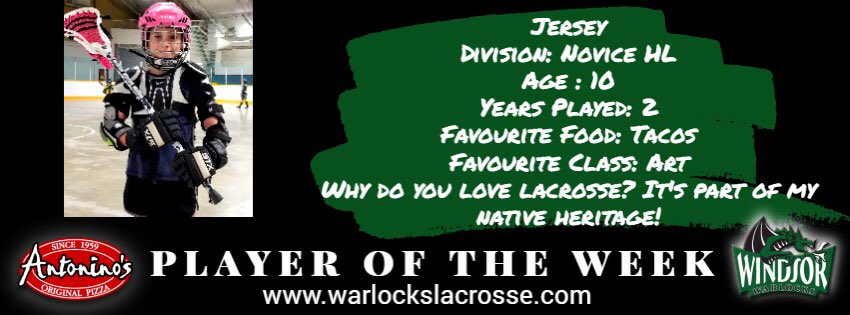 Congrats to Jersey from our Novice HL division on being player of the week! Great job out there!

Stop by our registration desk next week to pick up a prize from Antonino's Original Pizza!

#WeAreWarlocks #Lacrosse