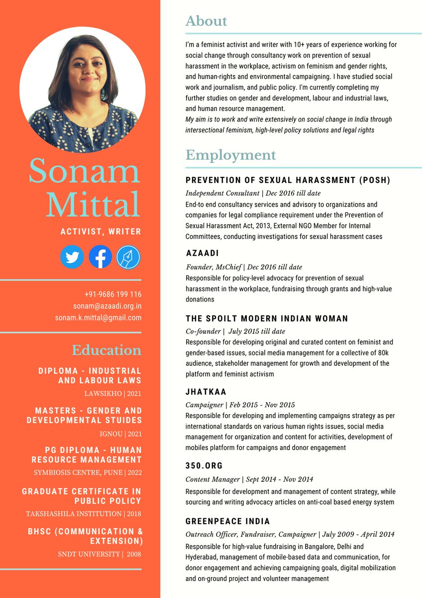 sonammittal_'s tweet photo. I need a job. I can write on gender, feminism, labour, socio-econ-political issues, do legal+policy research, implement end-to-end POSH compliance, work on SRHR, gender rights, and human rights through Theory of Change campaigning style.
Pls RT
(Pdf CV - https://t.co/BG4oIDBFP1) https://t.co/KoNnCxGTiP