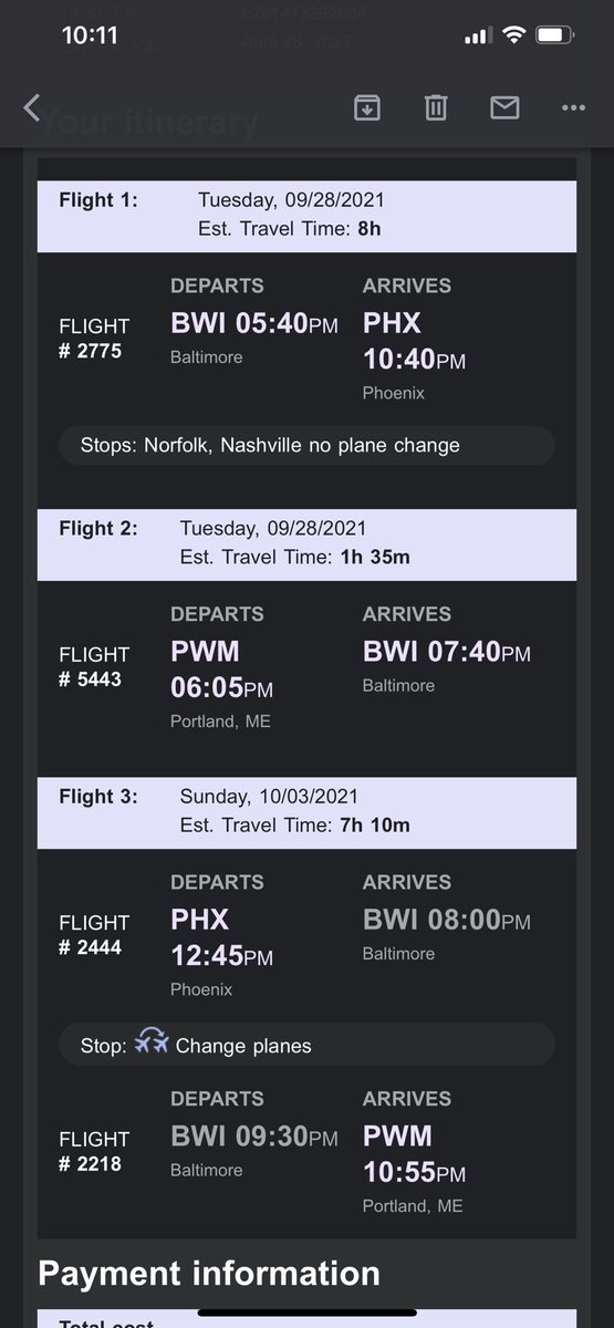 jdawk90's tweet photo. @SouthwestAir how can I leave from BWI at 5:40 and PWM at 6:05 on the same day? https://t.co/mrv1LxTL7g