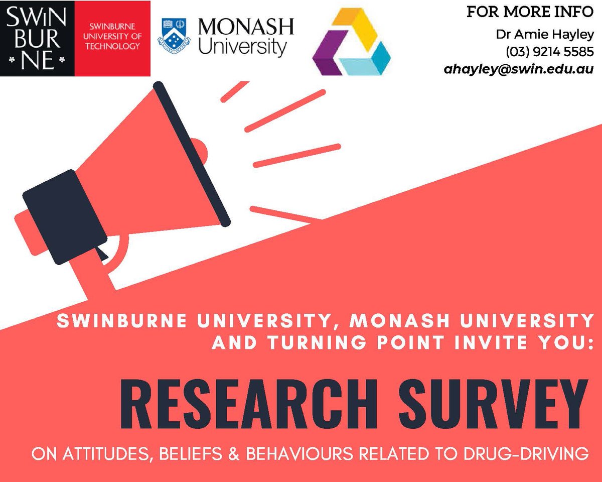 Researchers from <a href="/Swinburne/">Swinburne University of Technology</a> <a href="/easternhealthau/">Eastern Health</a> <a href="/MonashUni/">Monash University</a> and Turning Point are seeking adults to complete an online survey about attitudes, beliefs and behaviours regarding driving under the influence of alcohol or drugs. 
To complete the survey click here: swinuw.au1.qualtrics.com/jfe/form/SV_4U…