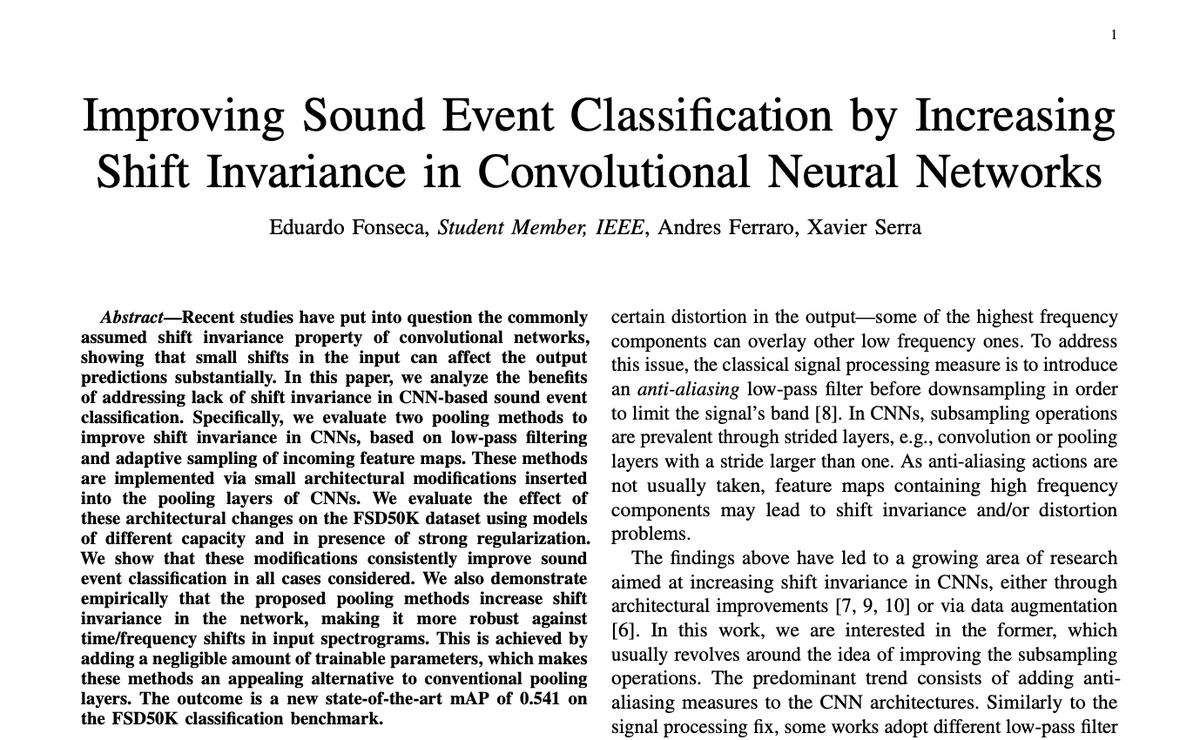 New paper! We evaluate two pooling methods to improve shift invariance in CNNs, obtaining SOTA on FSD50K. Methods are based on low-pass filtering &amp; adaptive sampling of feature maps. They increase robustness to time/freq shifts in the input! w/ <a href="/andrebola_/">andres ferraro</a> arxiv.org/abs/2107.00623