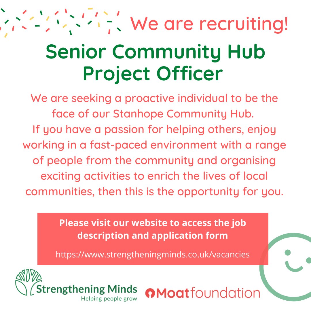 SMindsCommunity's tweet image. We are recruiting! 

If the Senior Community Hub Project Officer looks like the role for you, follow the link below to apply!

 strengtheningminds.co.uk/vacancies

#ashford #stanhope
@MoatFoundation @StrMinds @moathomes